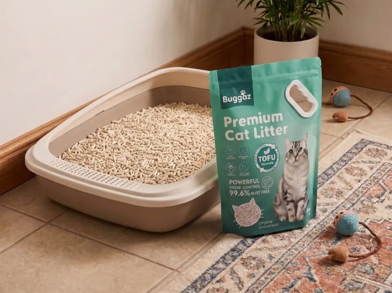Green bag of Buggaz Original Unscented tofu cat litter next to a litter box full of beige pellets