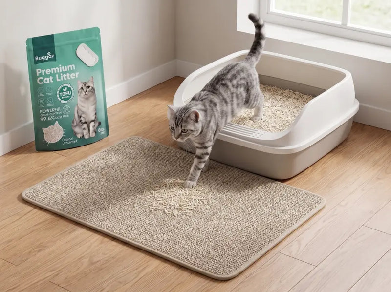 Grey tabby cat stepping out of a litter box of tofu pellets onto a honeycomb mat, with a Buggaz bag nearby