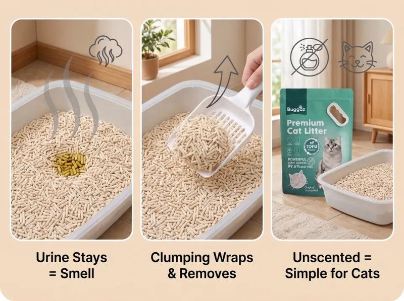 Infographic showing how tofu cat litter neutralizes urine odor through clumping and unscented plant pellets.