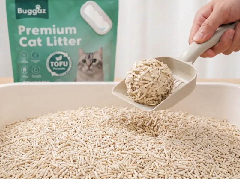 Hand lifting a round clump of tofu cat litter on a scoop above a tray of beige pellets